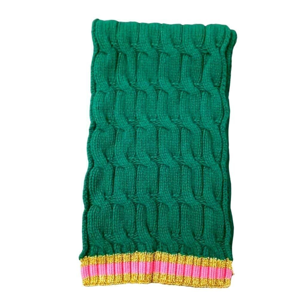 Auth Gucci Green Wool Cable Knit Scarf Pink Metallic Gold Knit Trim Ex+ Stole